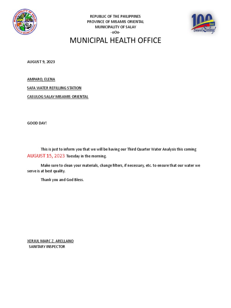 Letter For Refilling Water Analysis | PDF | Water Supply | Drinking Water