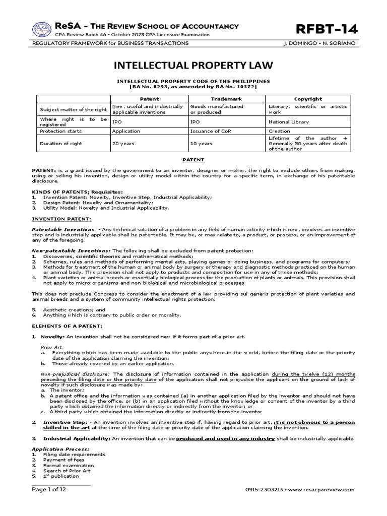 RFBT-14 (Intellectual Property Law) | PDF | Glossary Of Patent Law