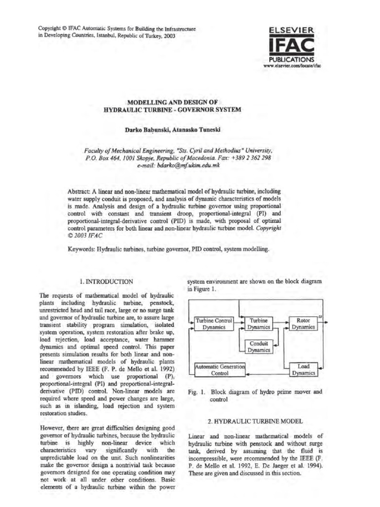 Modelling and Design of Hydraulic Turbine Governor System | PDF