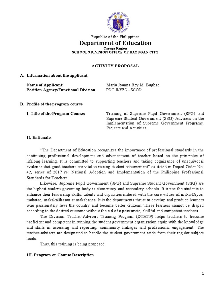 SPG/SSG Teacher-Advisers Training Proposal | PDF | Teachers | Learning
