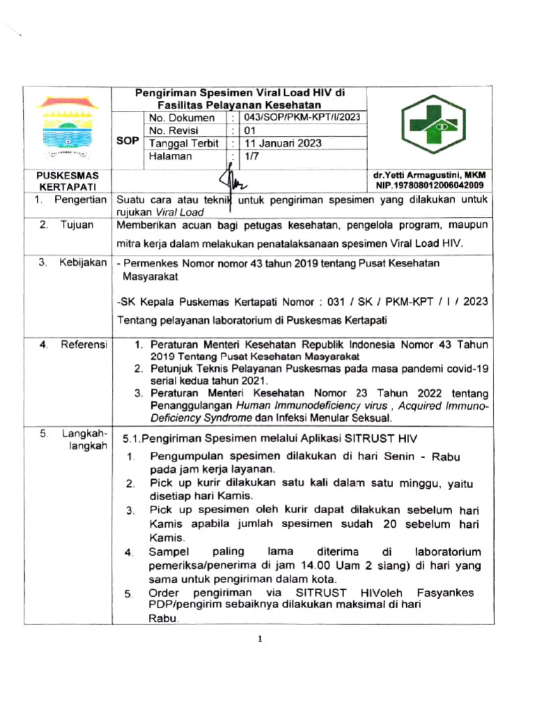 Prosedur Pengiriman Spesimen Viral Load HIV | PDF