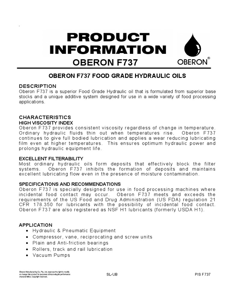 Product Information F737 Oberon PDF Lubricant Viscosity