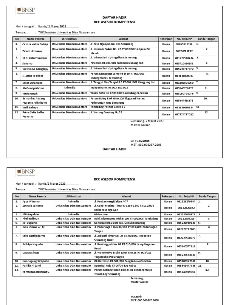 Daftar Hadir Asesor Kompetensi | PDF