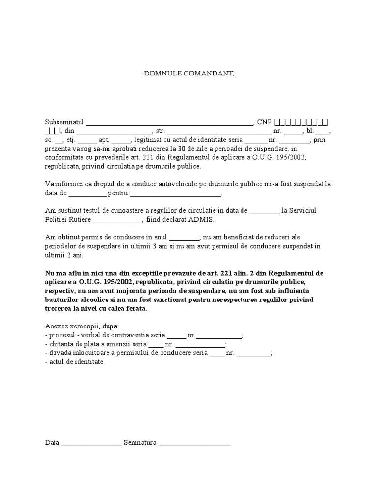 Cerere Reducere Suspendare Permis | PDF