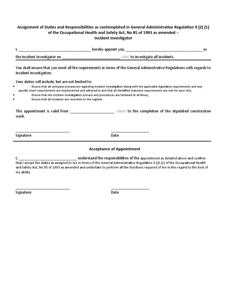 Incident Investigator Appointment Letter | PDF