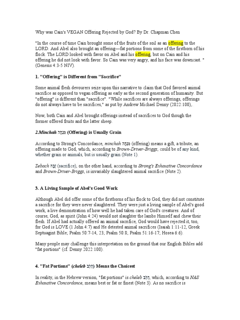Why was cains vegan offering rejected by god by dr chapman chen pdf