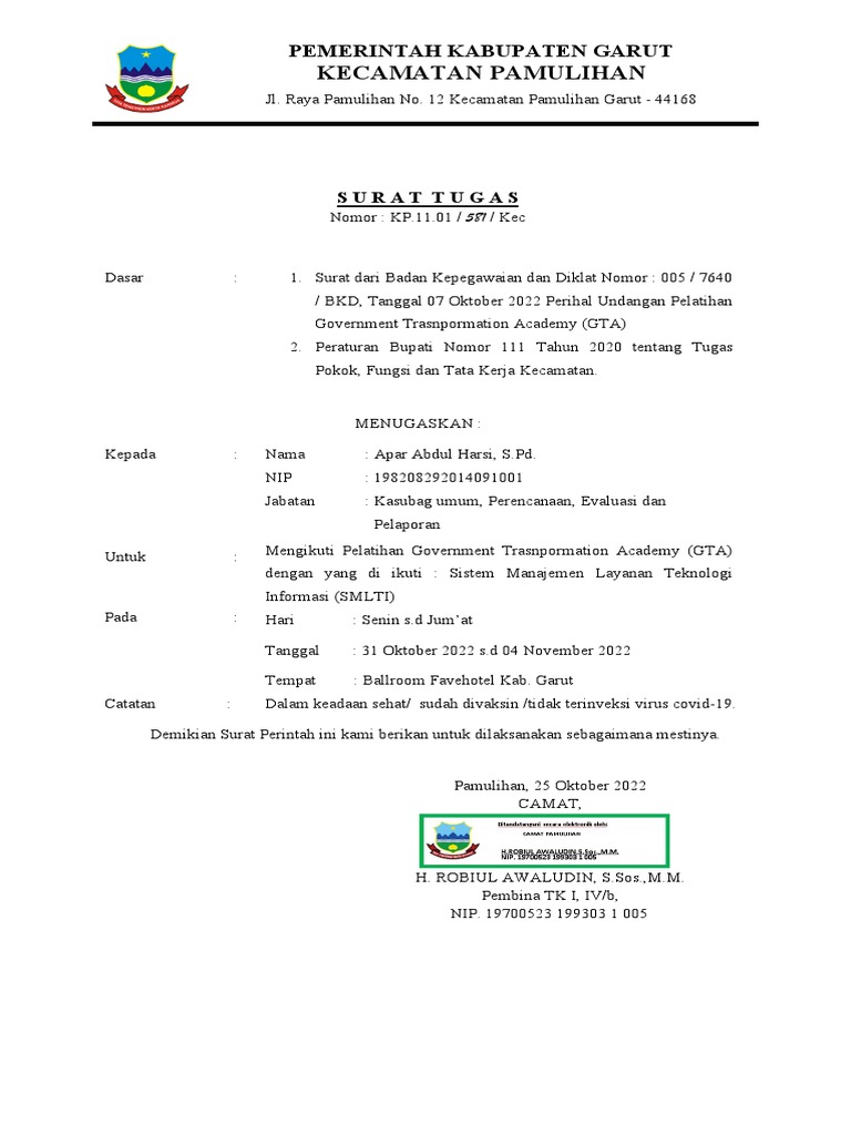Surat Tugas Pelatihan GTA | PDF