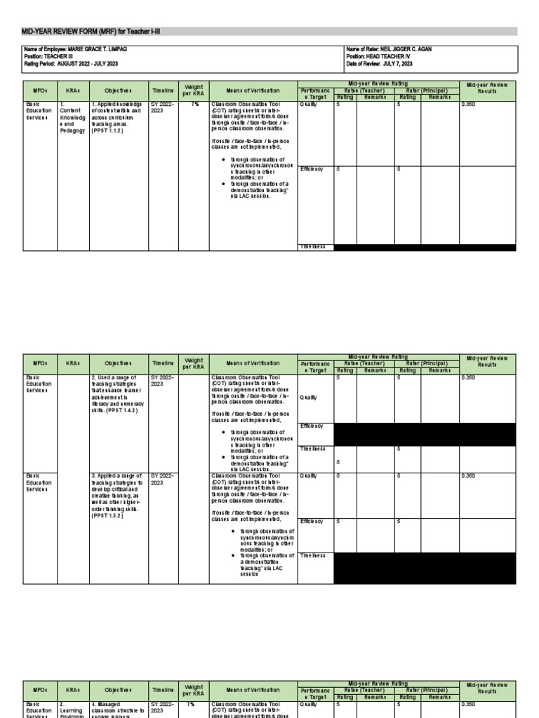 MID-YEAR REVIEW FORM (MRF) For Teacher I-III-2022-2023-Template - Dotx ...