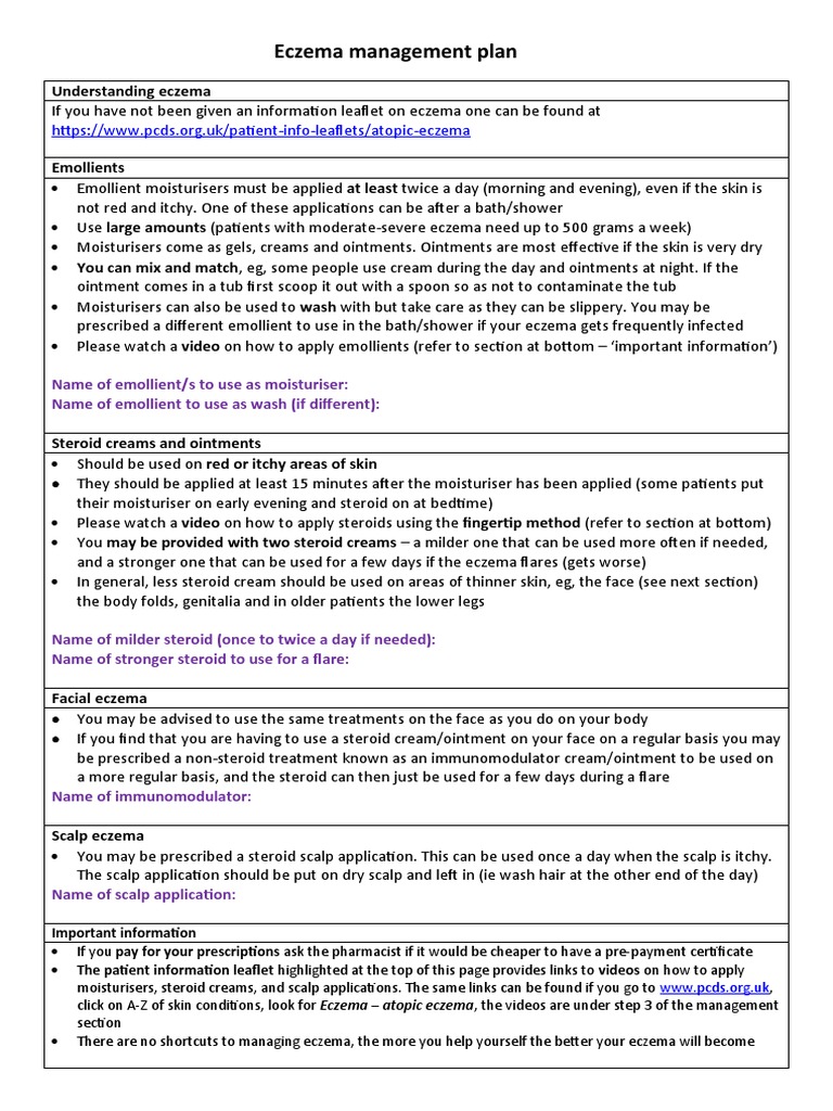 Eczema Management Sheet2022 PDF Topical Medication Dermatitis