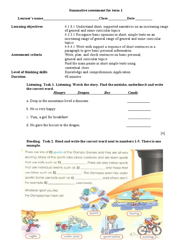 Summative Assessment Term 1 4 Grade | PDF | Question | Linguistics