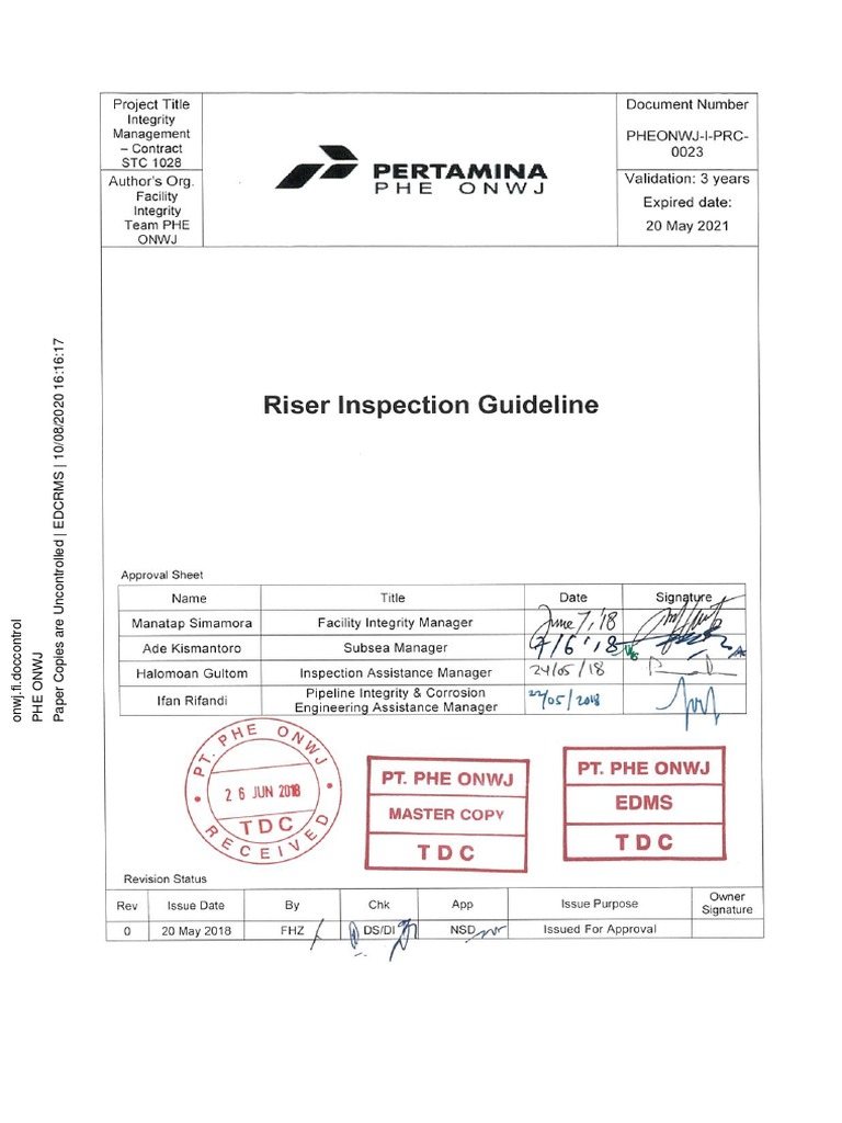 Riser Inspection Guidelines for PHE ONWJ | PDF | Leak | Underwater Diving