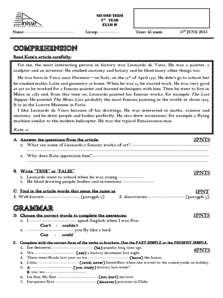 2AC 2014 2015 EU1 Anglais | PDF | Leonardo Da Vinci | Linguistics
