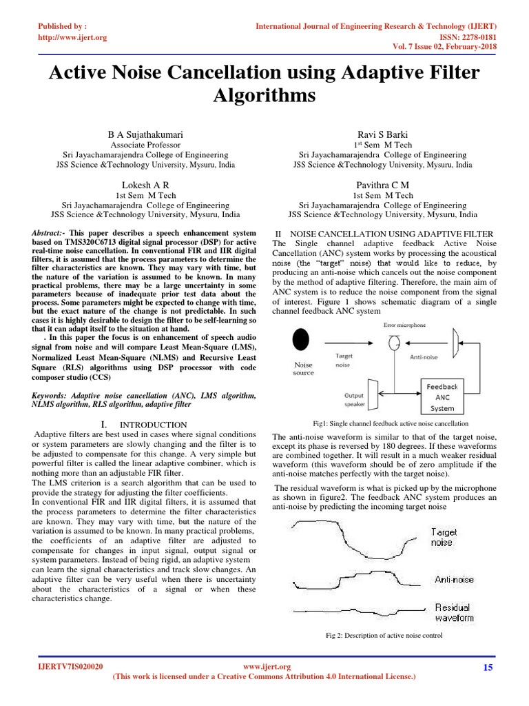 Active Noise Cancellation Using Adaptive Filter Algorithms ...