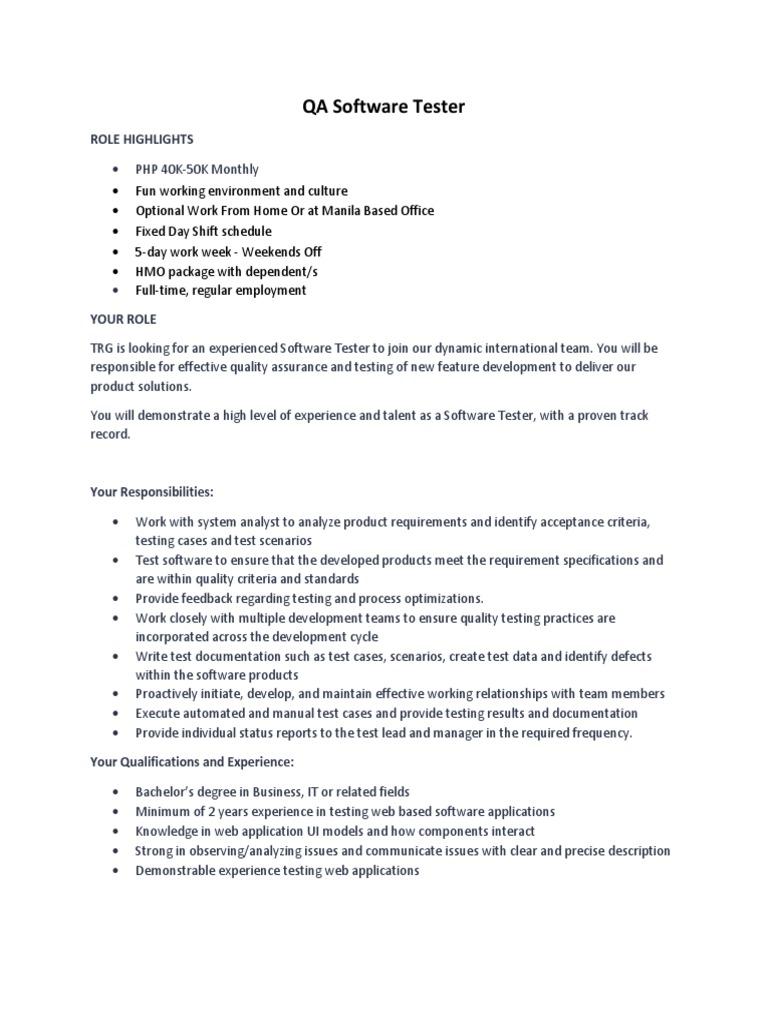 QA Software Tester Job Description (Training Resources Group Inc.) PDF