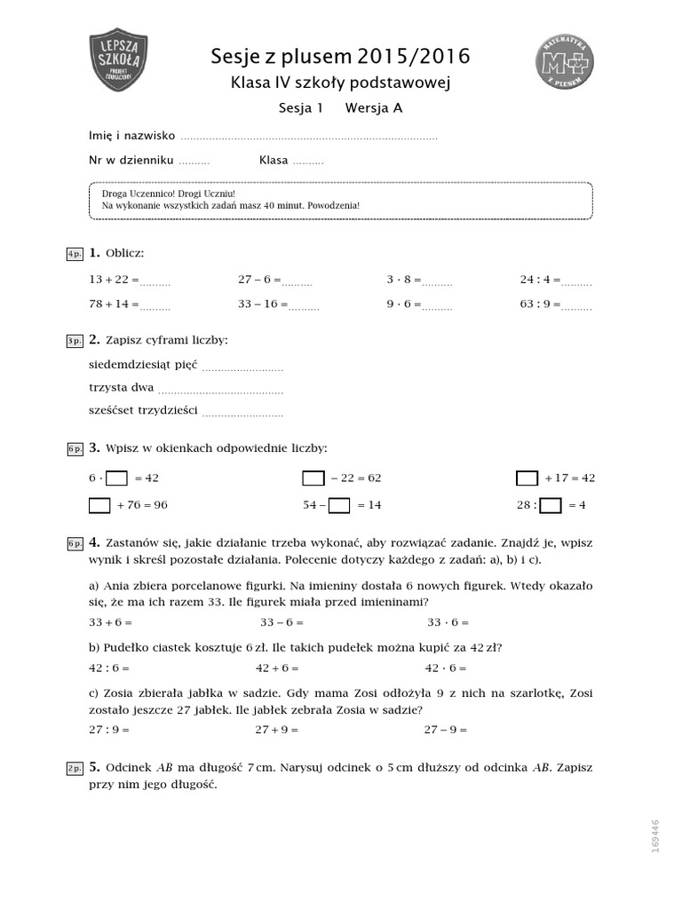 Sesja 3 Z Plusem Klasa 6 Sesje Z Plusem 2015 2016 KL IV Sesja 1 Wersja A | PDF