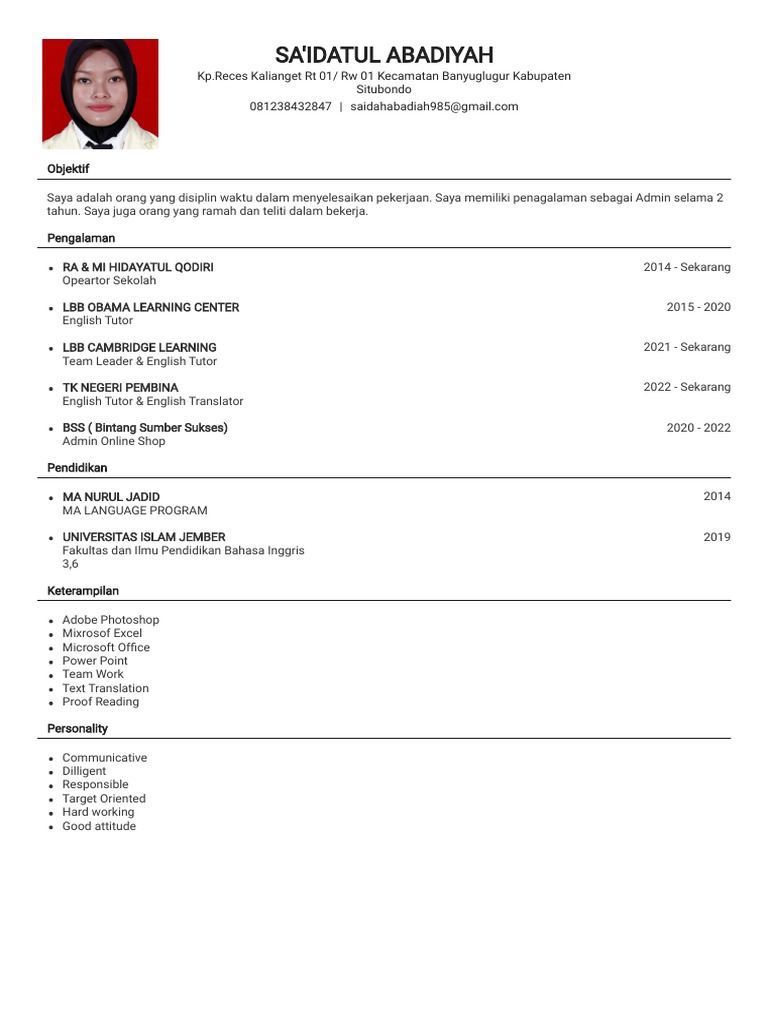 Contoh CV Admin Online Shop | PDF