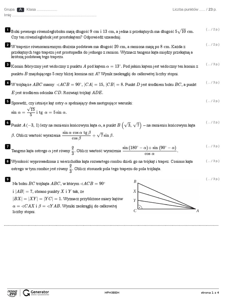 Trygonometria klas wka poziom trudniejszy test ekowydruk pdf