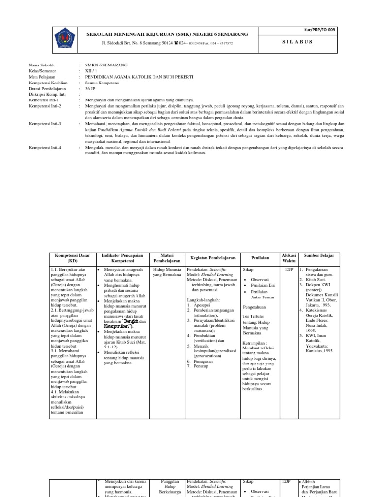 Silabus Pendidikan Agama Katolik SMK | PDF