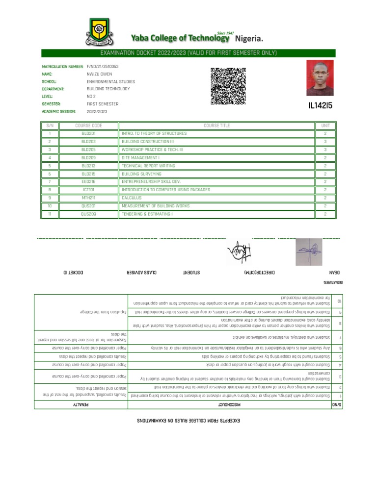 YABATECH Examination Docket 2022/2023 | PDF