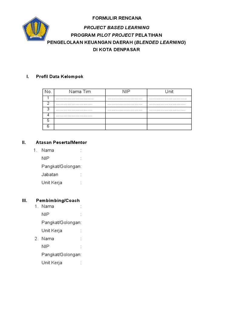 Formulir rencana proyek based learning pdf