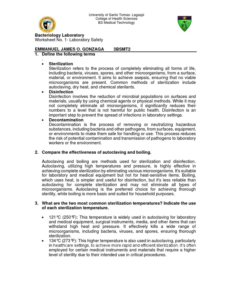 GONZAGA Bacteriology Laboratory Worksheet 1 PDF Sterilization