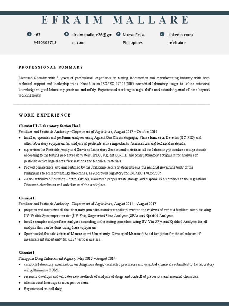 Resume Licensed Chemist Efraim Mallare | PDF | Laboratories ...