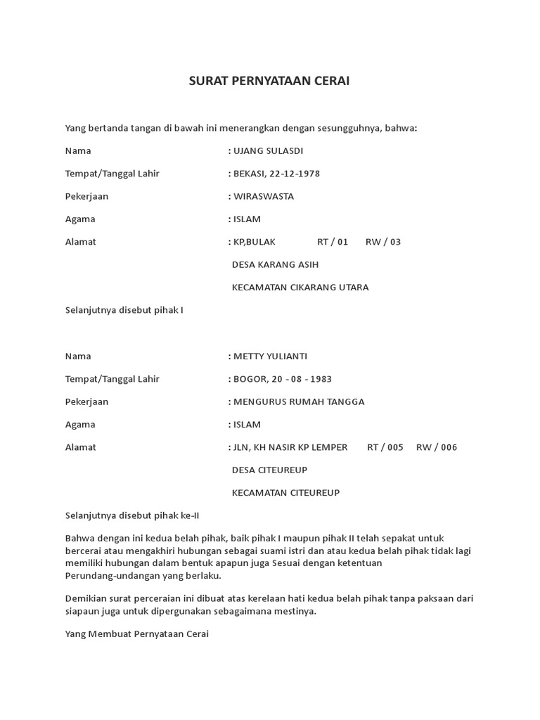 Contoh Surat Pernyataan Cerai | PDF