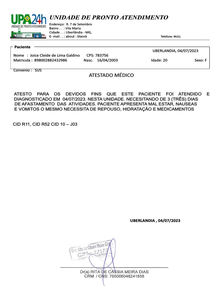 Atestado Médico: CID J03 e R11 | PDF