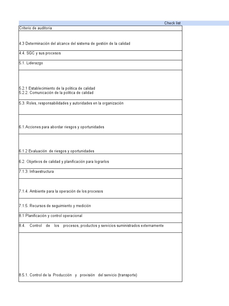 Check List ISO | Descargar gratis PDF | Sistema de manejo de calidad