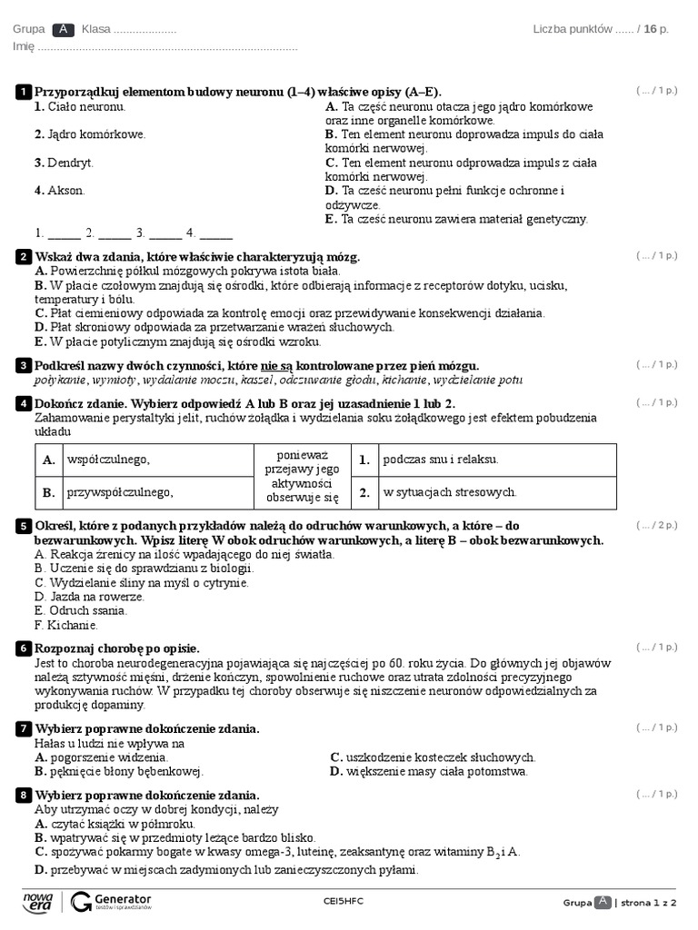 Układ Nerwowy Test Klasa 7 Test - R9 - R10. Układ Nerwowy. Narządy Zmysłów - w.2 Test (Z Widoczną