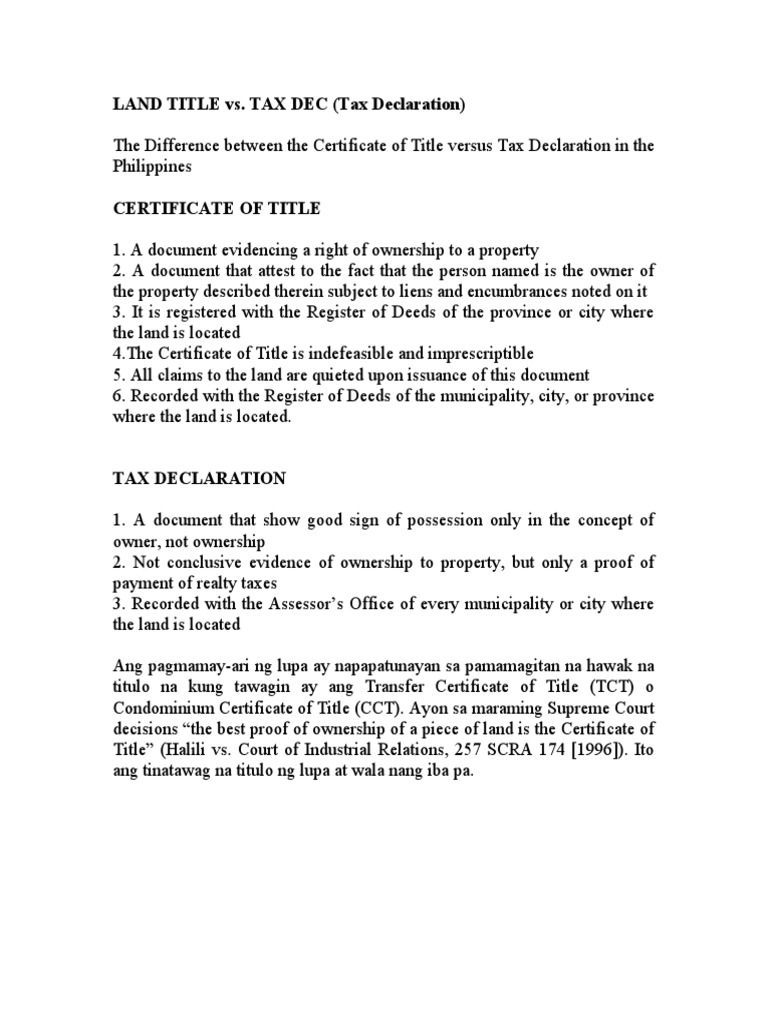 Land Title Vs Tax Declaration PDF Title (Property) Law And Economics