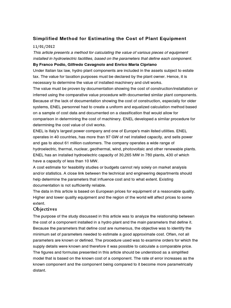 Simplified method for Estimating the cost of plant equipment PDF