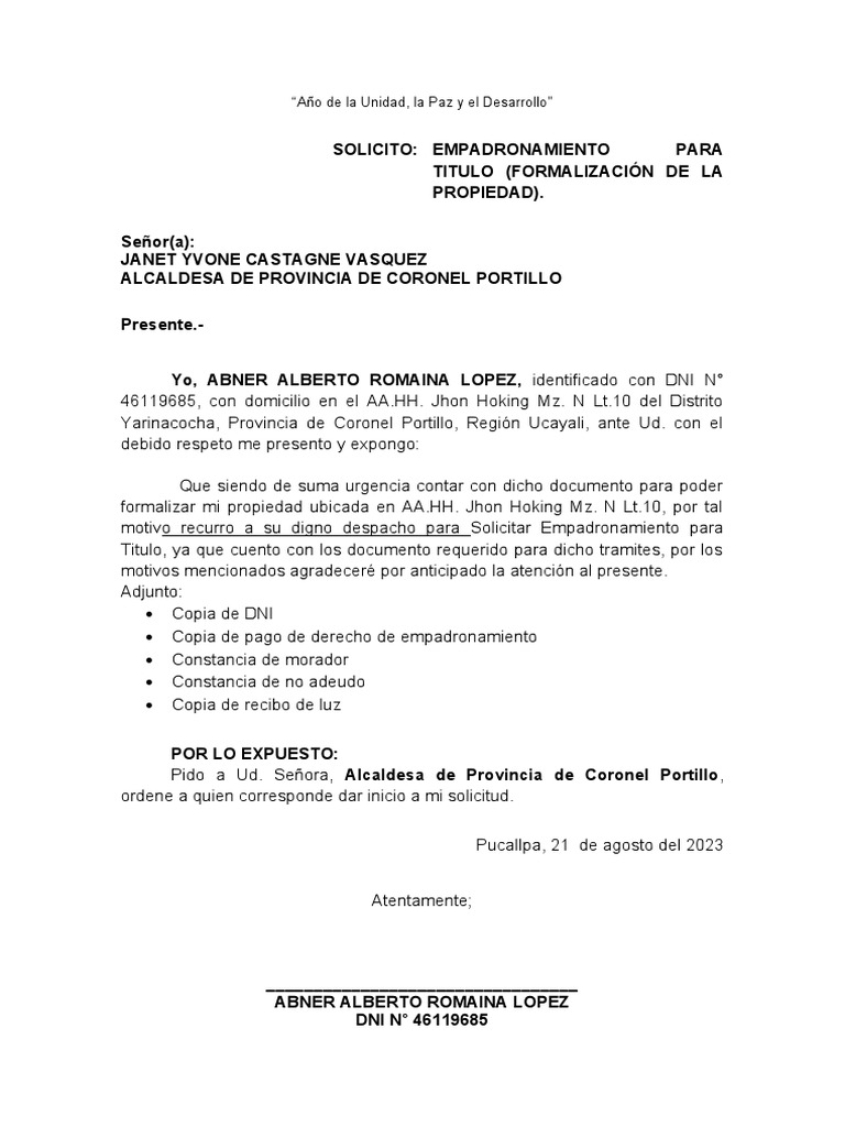 Solicito Empadronamiento para Titulo (Formalización de La Propiedad ...