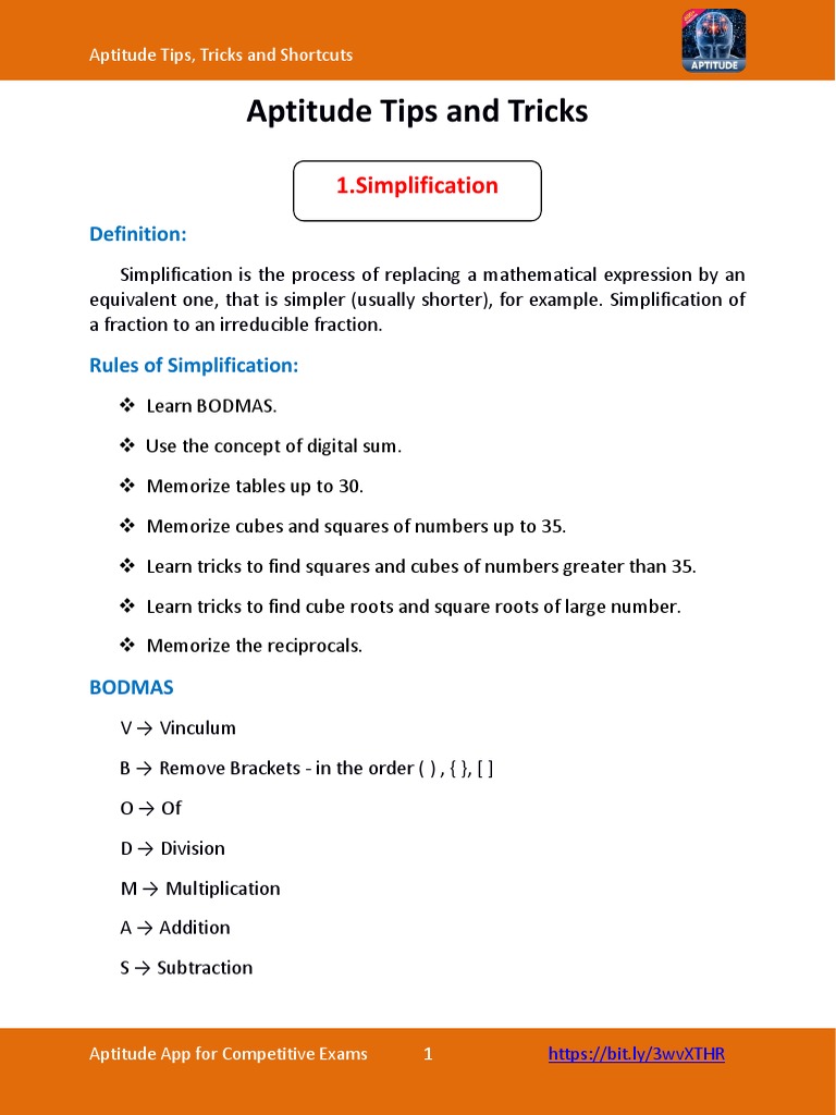 Aptitude Tips and Tricks: 1.simplification | Download Free PDF ...