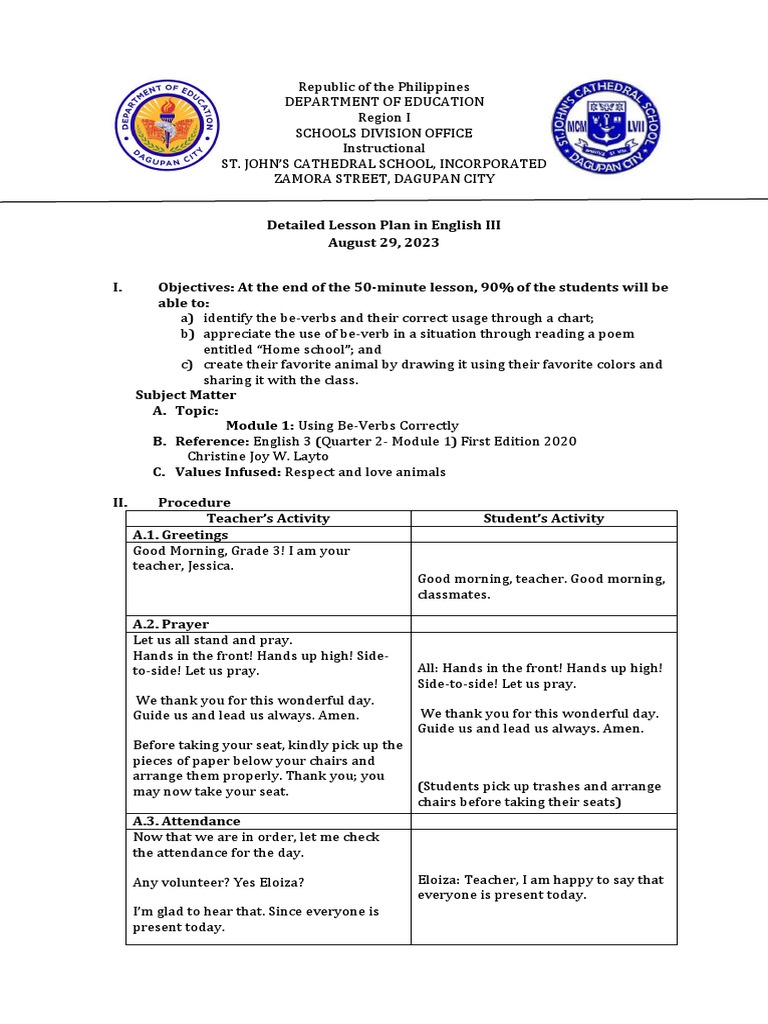 Detailed Lesson Plan: Be-Verbs in English 3 | PDF | Subject (Grammar ...