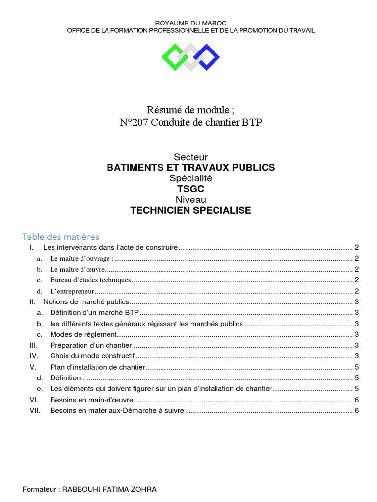 Conduite de Chantier BTP : Module 207 | PDF