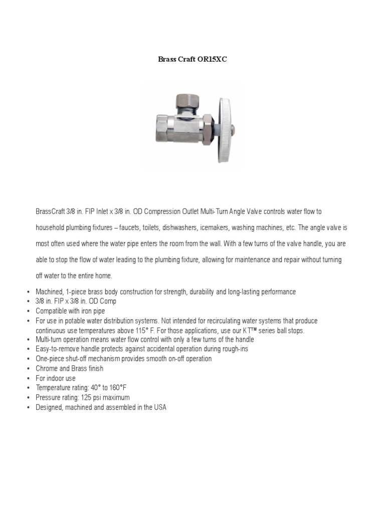 BrassCraft OR15XC Valve Installation Guide | PDF