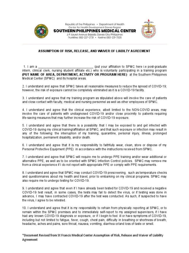 COVID-19 Liability Waiver for SPMC Training | PDF | Medicine | Diseases ...