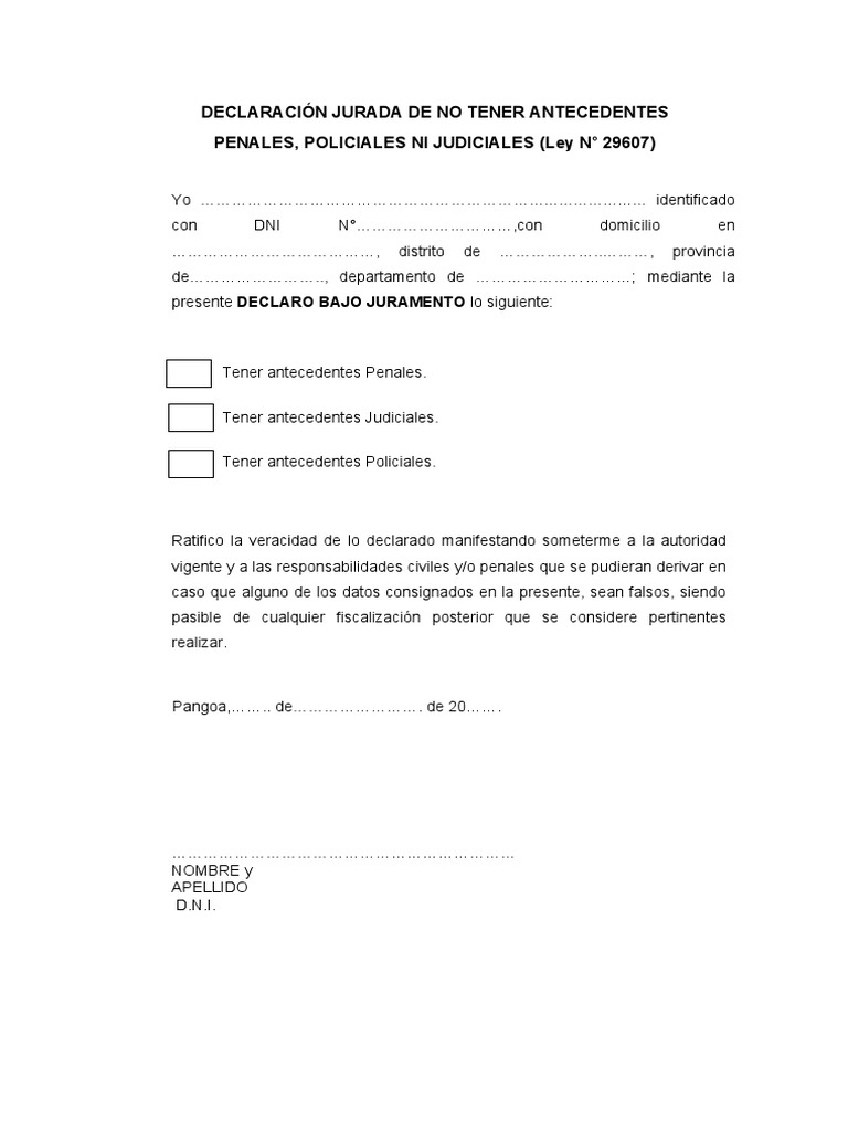 Declaracion Jurada de No Tener Antecedentes Penales Ni Judiciales | PDF