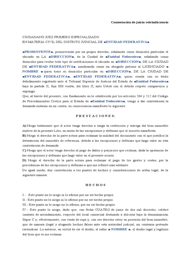 Contestación de Juicio Reivindicatorio | PDF | Propiedad | Demanda judicial