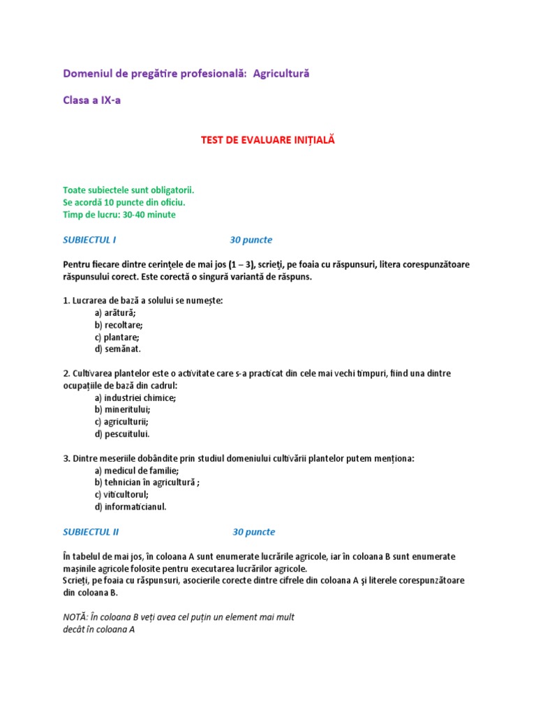Test Initial de Evaluare Clasa 9 Agricultura | PDF