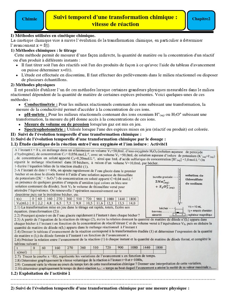 Suivi temporel d'une transformation chimique | PDF | Cinétique chimique ...