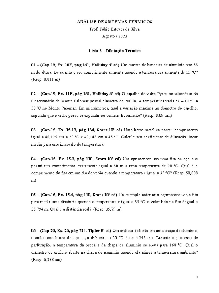 Dilatação Térmica: Exercícios Resolvidos | PDF | Expansão térmica | Química