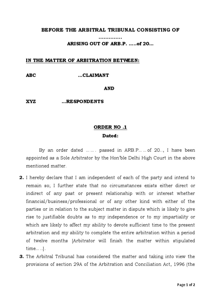 Procedural Order No. 1 for Arbitration | PDF