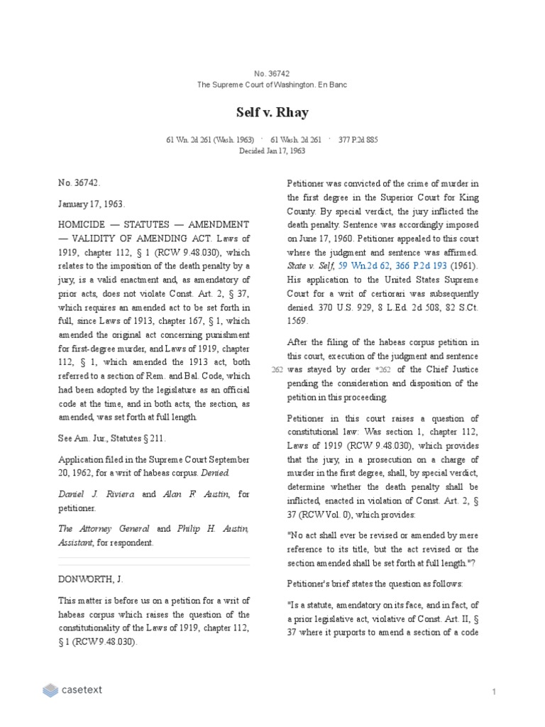 US Supreme Court Decision Self v Rhay 61 WN (2d) 261 PDF Habeas