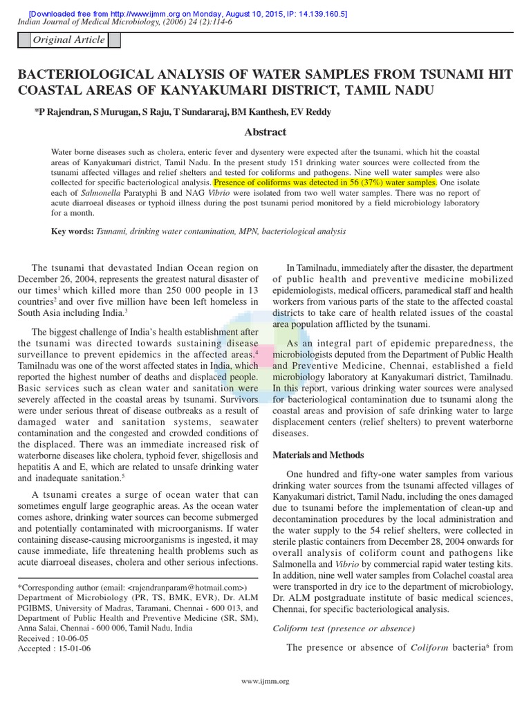 Bacteriological Analysis of Water Samples From Tsunami Hit Coastal