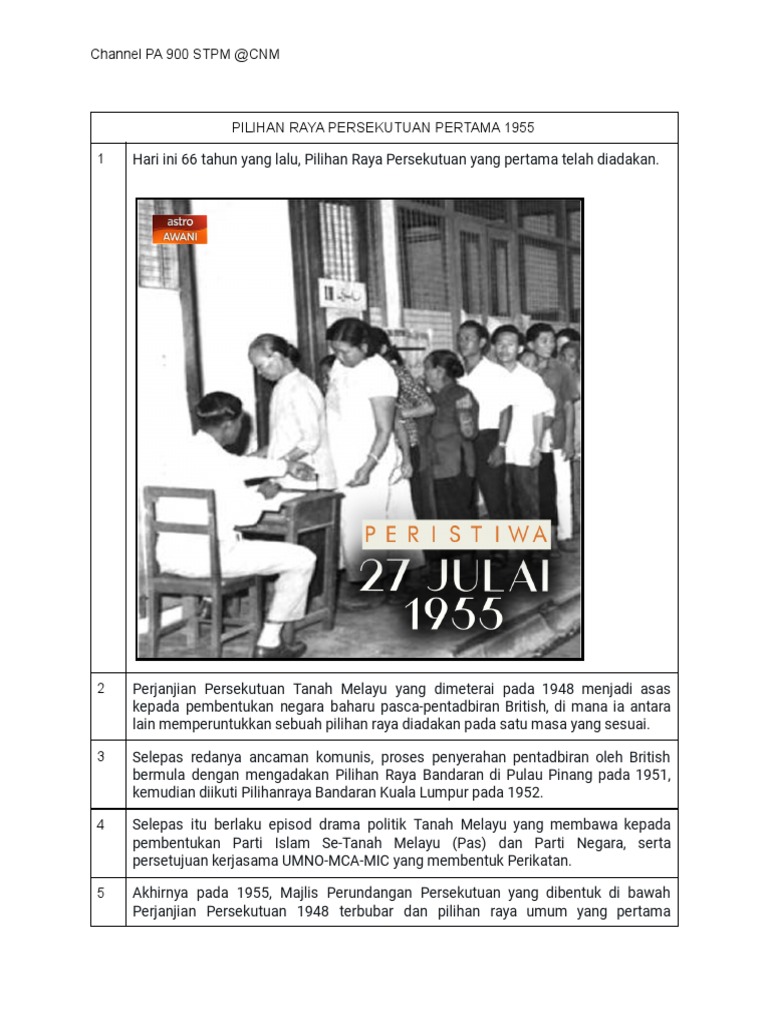 Pa Sem 1 - Pilihan Raya Persekutuan Pertama 1955 | PDF