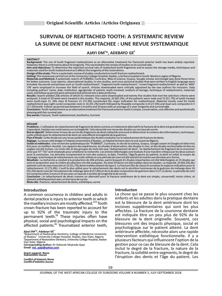 2018 J West Afr Coll Surg - Survival of Reattached Tooth - A Systematic ...