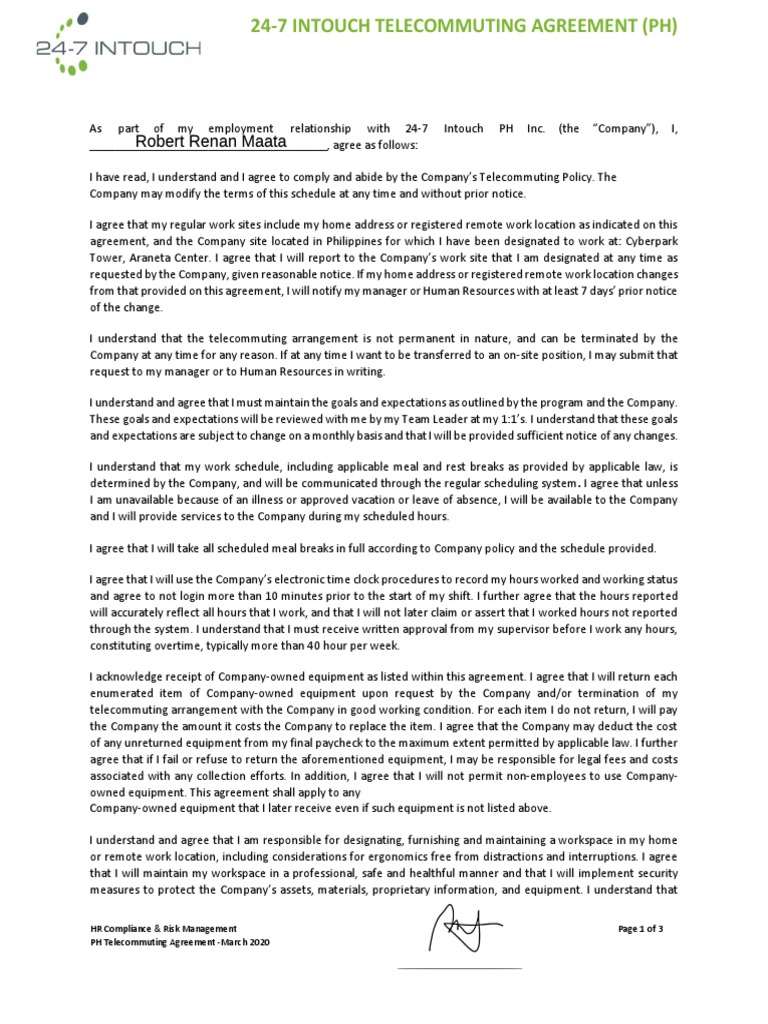 24-7 Intouch Telecommuting Agreement | PDF | Employment | Internet