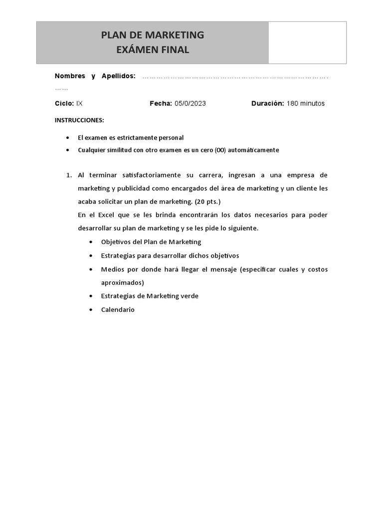Examen Final: Plan de Marketing 2023 | PDF | Crecimiento personal y ...